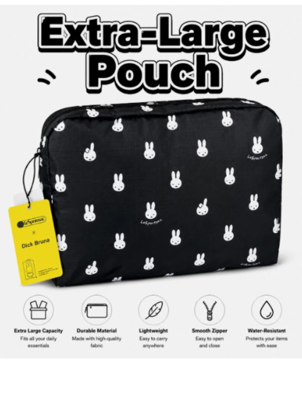 NWT Miffy x LeSportsac Black Extra Large Makeup Travel Cosmetic Pouch Organizer
